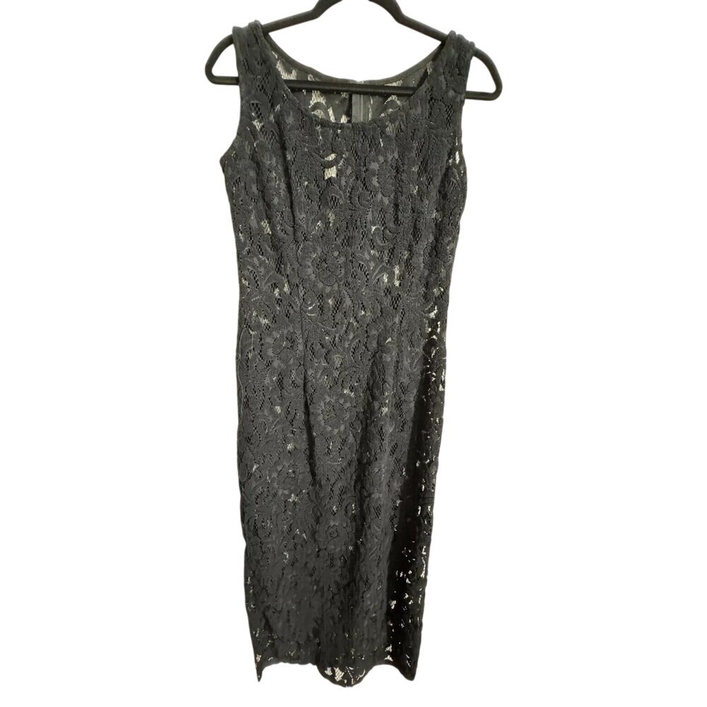 Vintage Wild Rose Sheath Dress Black‎ Sheer Lace Embroidered Size 6 Sexy Party